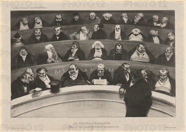 Le Ventre législatif., Aspect of the bancs ministériels de la chambre improstituée de 1834, 1834, chalk lithograph, first and only condition, folio: 34.3 x 48.3 cm |, Image: 28.3 x 43.5 cm, Im Stein u.r., signed: h., Daumier, Honoré Daumier, Marseille 1808–1879 Valmondois/Seine-et-Oise