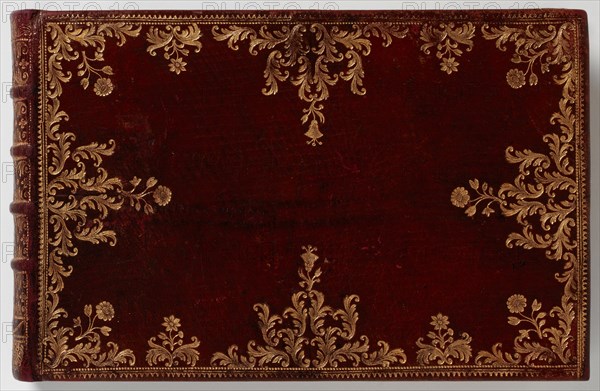 Pedigree of Adrian Zingg, 1757/90, red whole leather fringe tape stitched on four raised frets, with gilding on cover, edge and back areas and three-sided hand gold cut, 140 sheets of Verben handmade paper with partially pasted paper or parchment sheets, first and last sheets glued together with the endpaper, 84 entries, of which 70 drawings, watercolors and gouaches and a handwritten dedication by 60 artists, Book: 12.4 x 19.5 x 2.7 cm (cross-8 °) |, Side: approx. 11.9 x 18.4 cm, Adrian Zingg, St. Gallen 1734–1816 Leipzig, Verschiedene Künstler, 18. Jh.