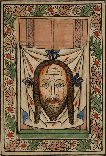 Sudarium (Veronica's Wissing Cloth), c. 1440, woodcut of two sticks, colored (unique), unique, leaf: 18 x 12.2 cm, Anonym, Oberrhein, 15. Jh.
