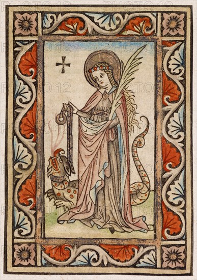 St. Margaret of Antioch, around 1440/50, woodcut, colored (unique), unique, 18.5 x 13.1 cm, Anonym, Oberrhein, 15. Jh.