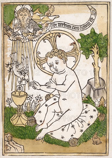 The Christ Child with the chalice, c. 1460, woodcut, colored, unique, page: 27.5 x 19 cm, O. inscribed on the reel: Et verbum caro facto est, Anonym, Oberrhein (Schweiz?), um 1460