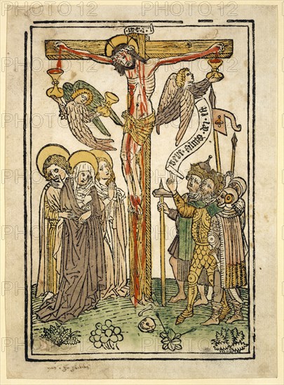 Christ on the Cross, c. 1450, woodcut, colored, unique, page: 21.5 x 15.5 cm, inscribed on the reel: vere., filius., dei., est, Anonym, Burgund (?), 15. Jh., (?)