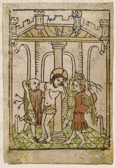 The Flagellation of Christ, c. 1440/50, woodcut, colored (unique), unique, leaf: 9.9 x 6.7 cm, Anonym, Oberrhein, 15. Jh.