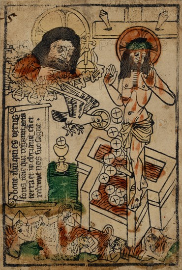 Fons pietatis (Allegory of the Blood of Christ), c. 1470, woodcut (gray-black print), colored, unique, page: 18.6 x 12.6 cm, L. inscribed on the banner: O bone ih [es] qui es verus, fons mi [, sericordia] e qui rigavit., tota [m] terra, et inebriavit ea [m] et, redemit nos suo s [an] g [ui] ne, Anonym, Oberrhein, 15. Jh.