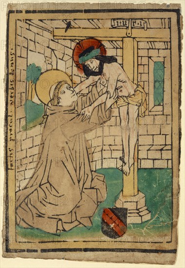 Saint Bernard of Clairvaux is hugged by the Crucified, c. 1470, woodcut, colored Uniques, unique, leaf: 20 x 13.6 cm, inscribed on the cross on a reel: i.nr.i, Anonym, Oberrhein, 15. Jh.