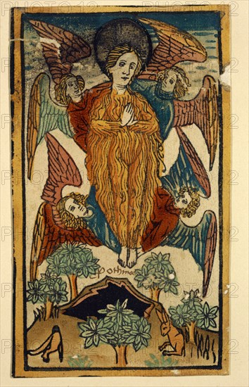 The Rapture of St. Maria Ägyptiaca, c. 1460/70, woodcut, colored (unique), unique, leaf: 14 x 8.2 cm, Anonym, Oberrhein, 15. Jh.