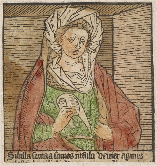The Sibyl of Samos, around 1460/70, woodcut, colored (unique), unique, leaf: 9.5 x 9 cm, inscribed under the image: Sibilla Sama a Samos insula veniet agnus, Anonym, Niederlande, 15. Jh.