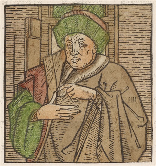 Hermes Trismegistos, c. 1460/70, woodcut, colored (unique), unique, leaf: 9.5 x 8.9 cm, Anonym, Niederlande, 15. Jh.