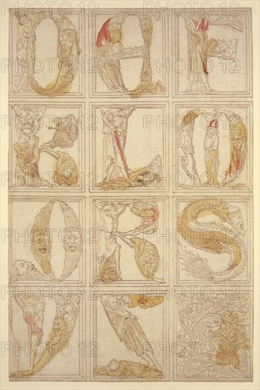 The figurative alphabet of 1464: The letters DEF, KLM, QRS, VZ, c. 1464, woodcut, (brown-gray printing), colored (unique), unique, page: 39.5 x 25.8 cm, inscribed in the letter K on a banner: mon [heart, ] aves:, Anonym, Niederlande (Cleve), 15. Jh.