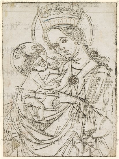 Mary with the Child, c. 1450 (printing block), woodcut (shifted during printing), face and hair reworked in brown with feather (unique), unique, leaf: 28.1 x 20.6 cm, verso rest of a letter with pen in brown, Anonym, Oberrhein (Schweiz), 15. Jh.