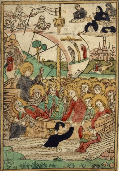 The Ship of St. Ursula, c. 1480, woodcut, colored (unique), unique, leaf: 27.3 x 19 cm, Anonym, Süddeutschland, 15. Jh.