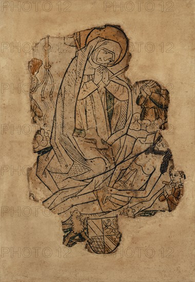The Adoration and Lamentation of Christ (fragment), c. 1480, woodcut, colored (unique), unique, folia: 15.9 x 10.9 cm, Anonym, Oberrhein (Strassburg?), 15. Jh.