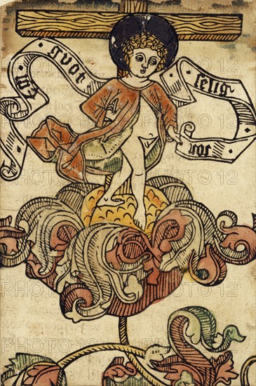 The Christ Child on a Blossom (New Year's Greetings), c. 1470, woodcut, colored (Unikum), traces of counter-printing letters, o. Backpressure of a geometric ornament in blue color, unique, sheet: 16 x 10.4 cm, inscribed on the banner: Ein, Guot happy ior, Anonym, Oberrhein, um 1470, Meister E.S., (Kopie nach / copy after), tätig um 1450–1467