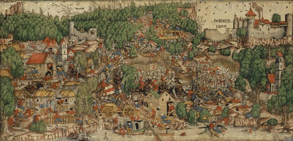 The Battle of Dorneck 1499, c. 1510, woodcut of three sticks, colored, leaf: appr. 40.9 x 85 cm, inscribed above the castles: DORNECK 1499, Bÿrseck [Birseck], Rÿchenstein [Reichenstein], u, ., M. monogrammed (mirrored) on a banner: DS, Meister DS (Daniel Schwegler?), (?), tätig 1503–1515 in Basel