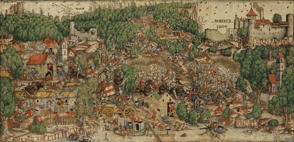 The Battle of Dorneck 1499, c. 1510, woodcut of three sticks, colored, leaf: appr. 40.9 x 85 cm, inscribed above the castles: DORNECK 1499, Bÿrseck [Birseck], Rÿchenstein [Reichenstein], u, ., M. monogrammed (mirrored) on a banner: DS, Meister DS (Daniel Schwegler?), (?), tätig 1503–1515 in Basel