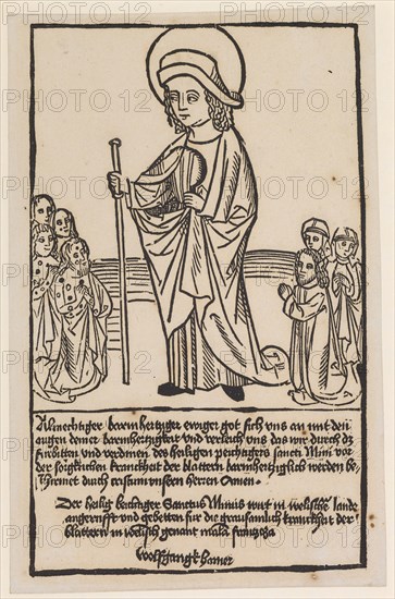 Saint Maginus of Tarragona (Minus), c. 1490, reprint of the eighteenth century, woodcut, sheet: 26.3 x 17.1 cm, inscribed under the picture: Almechtiger barmhertziger eternal got in touch with the eyes of your barmhertzigkeit and equaled us, we through the furs and miracles of the sacred peichtiger sanct mini before the caring sickness of the paw barmhertzlich would shield, shield by cristum our master amen., The sacredly placid Sanctus Minus wakes in the welsh land, called and bedded for the cruel sickness of the, blattern in welisch genant mala frantzosa., Wolfgangk Hamer, Anonym, Süddeutschland (Nürnberg), 15. Jh.