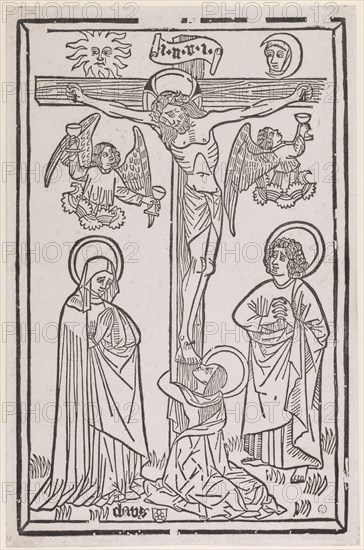 The Crucifixion of Christ, c. 1470/80, reprint of the eighteenth century (?), Woodcut, later printed, sheet: 43.5 x 28.6 cm, inscribed on top of the cross: i.n.r.i ., l, ., u .: claus, Anonym, Oberrhein, 15. Jh.