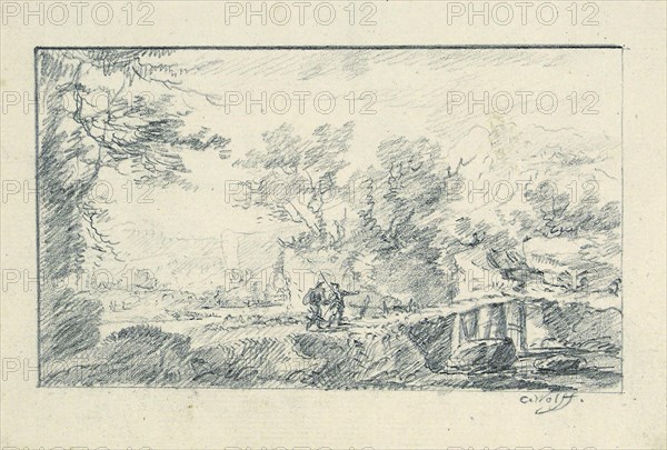 Landscape with a wooden bridge and two hikers, created in 1751, 1760-1768, pencil, Sheet glued to the sketchbook page, including spring (brown), image: 8.3 x 14.1 cm |, Sheet: 12 x 17 cm |, Page: 19.5 x 15.5 cm, signed in pencil r.u .: C. Wolff, Caspar Wolf, Muri/Aargau 1735–1783 Heidelberg