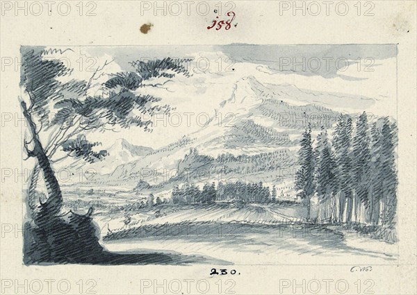 View of a river-covered alpine landscape, right in the foreground fir forest, created in 1751, 1760-1768, pencil, gray washed, Sheet glued to the sketchbook page, image: 8.3 x 14.1 cm |, Sheet: 12.6 x 16.8 cm |, Page: 19.5 x 15.5 cm, Signed with pen r.u .: C. W ., Middle down the old number (spring): 230, Middle above the old number (red): 158, Caspar Wolf, Muri/Aargau 1735–1783 Heidelberg