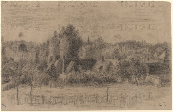 Village in the plain, chalk in black, leaf: 30.7 x 47.5 cm (largest mass), U. r., monogrammed with chalk: C.P., Camille Pissarro, Charlotte Amalie, St.Thomas/Danish Virgin Island 1830–1903 Paris