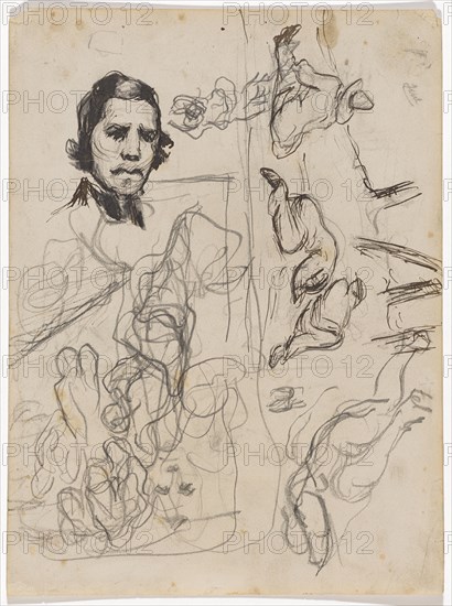 Portrait of Delacroix and various studies, 1864/68, pencil, pen in black, gray wash, on the reverse: chalk in black, page: 23.9 x 17.7 cm, unmarked, Paul Cézanne, Aix-en-Provence 1839–1906 Aix-en-Provence