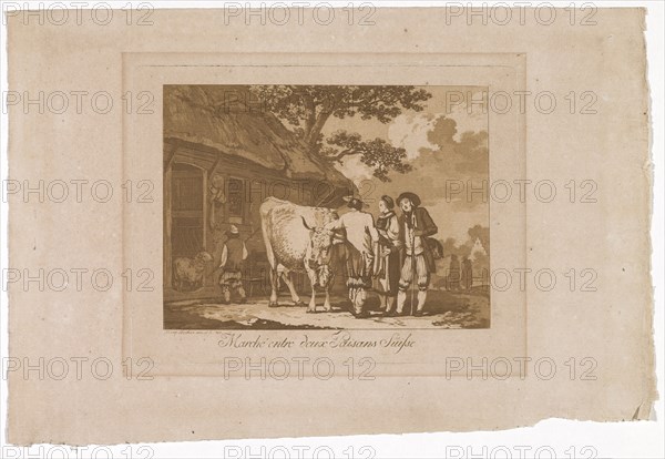 Marché entre deux Païsans Suisses, 1785, aquatint, leaf: 21.6 x 32 cm (largest mass) |, Plate: 14.7 x 18.9 cm |, Image: 12.1 x 16.1 cm, Signed and dated in plate l.u .: Marq: Wocher inv. Et sc. 1785 ., inscribed middle below: Marché entre deux Païsans Suisses, Marquard Fidel Dominikus Wocher, Mimmenhausen 1760–1830 Basel