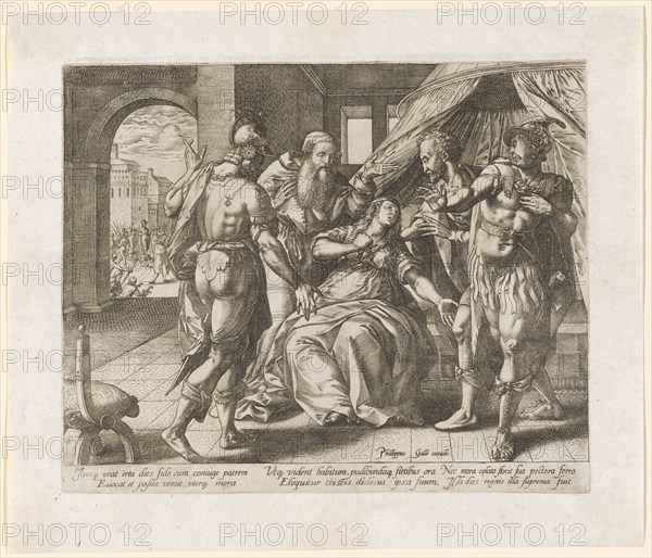 Lucretia's suicide, 1578/79, copperplate, plate: 20.6 x 25 cm |, Leaf: 25.9 x 30.1 cm, U. M. r., Signed: Phillippus bile excude ., below the image field: Jamq [ue] erat orta this fido cum coniuge patrem, Euocat et posita venit vterq [ue] mora, Vtq [ue] vident habitum, pudibundaq [ue] fletibus ora, Eloquitur tristis dedecus ipsa suum., Nec mora c [a] elato fixit sua pectora ferro, Illa this adule illa suprema fuit, Hendrick Goltzius, Mühlbrecht 1558–1617 Haarlem, Philips Galle, Verleger, Haarlem um 1537–1612 Antwerpen