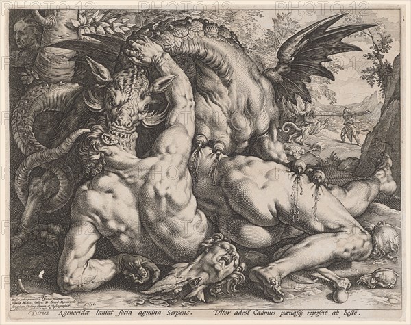 The Dragon Kills the Cadmus's Companions, 1588, Copperplate, Plate: 25.4 x 32.1 cm |, Leaf: 25.8 x 32.5 cm, U. l., inscribed: Hasce artis primitias CC [lig.] Pictor Inuent., simulq [ue] HGoltz., [HG lig.] Sculpt., D. Jacob., Raeuwerdo, singulari Pictur [a] e alumno, et chalcographiæ, admiratori amicitæ ergo D. D ., r., Dated: A ° 1588, inscribed under the image field: Dirus Agenoridæ laniat socia agmina serpens, Vltor adest cadmus pœnasq [ue] reposcit ab hoste., Hendrick Goltzius, Stecher, Mühlbrecht 1558–1617 Haarlem, Cornelis Cornelisz. van Haarlem, Inventor, 1562–1638