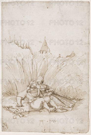 Loving Couple in the Cornfield, 1508, Feather in Brown, Sheet: 21.9, 22.4 x 14.9 cm, U. Monogrammed and dated: AA [lig.] · 1508 ·, Albrecht Altdorfer, um 1480–1538 Regensburg