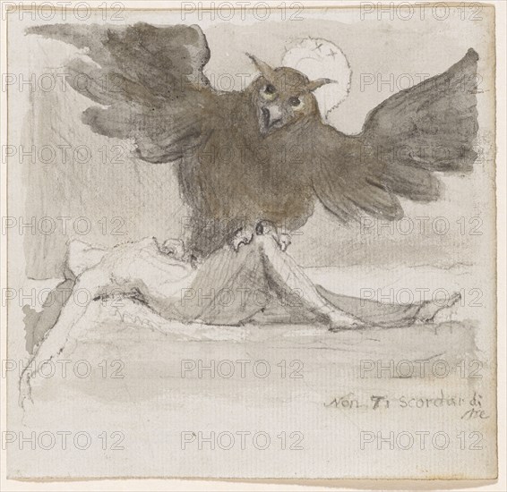 Owl with outstretched wings above a lying woman, circa 1820, chalk, gray and brownish washed, mounted, leaf: 11.7 x 12.1 cm, U. r., Chalked: Non Ti scordar di me, Johann Heinrich Füssli, Zürich 1741–1825 Putney Hill b. London