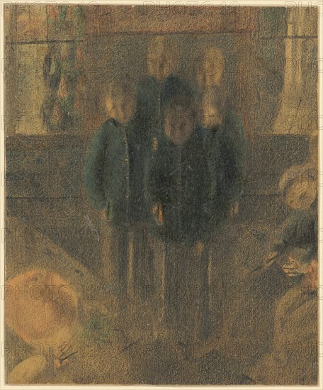 Five standing boys with hymnals, colored pencil and pencil, sheet: 16.1 x 13.3 cm, unmarked, Otto Meyer-Amden, Bern 1885–1933 Zürich