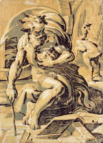 Diogenes, around 1527, Clairobscur woodcut with four plates (green, yellow-green, yellow-brown and black), folia: 48.4 x 34.8 cm, U. l., denoted: F (RANCIS) CVS (PARMS) (PER.VG.) O.C (ARP), Parmigianino, Inventor, Parma 1503–1540 Casalmaggiore, Ugo da Carpi, Formschneider, Carpi um 1480–1532