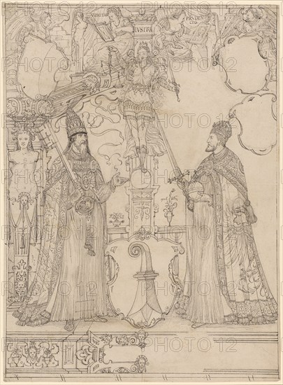 Disc rupture with Pope Clement VII and Emperor Charles V as shield attendants and the Basel coat of arms (for the law faculty of the University of Basel), feather in black, traces of a preliminary drawing with black pencil, page: 43.3 x 31.8 cm |, Image: 42.7 x 31.3 cm, O. inscribed in the illustration: VERITAS, IVSITIA [sic], PRUDEN, CIG, Ludwig Ringler, Basel 1536–1606 Basel