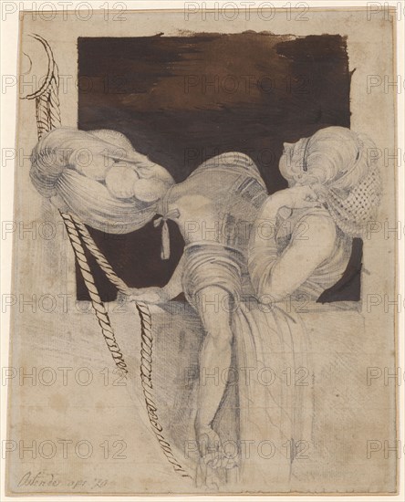 Two girls, looking up from a cabin window, 1779, pencil, pen in brown, washed, and gouache in brown and black, Journal: 22.7 x 18.5 cm, U. l., inscribed in pencil: Ostend apr. 79, Johann Heinrich Füssli, Zürich 1741–1825 Putney Hill b. London