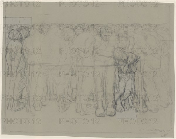 The Prisoners, 1908, pencil on green-gray paper, glued paper fragments from the same paper o. l., and u., r., leaf: 33.9 x 43.3 cm (largest mass), U. r., Signed and numbered in pencil: K Kollwitz, 2097, Käthe Kollwitz, Königsberg in Preussen (heute Kaliningrad) 1867–1945 Moritzburg bei Dresden