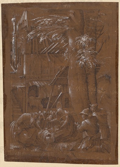 Adoration of the Shepherds, 1514, feather in black, heightened with white, on dark brown primed paper, mounted, sheet: 20, 20.6 x 14.5 cm, O. M. with brush in white dated: 1514, Albrecht Altdorfer, (Kopie nach / copy after), um 1480–1538 Regensburg