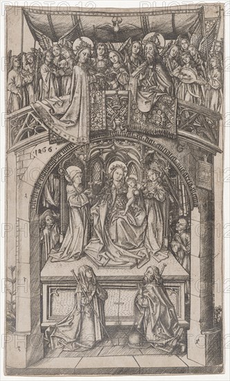 Great Consecration of the Angel of Einsiedeln, 1466, copperplate engraving, sheet: 20.8 x 12.4 cm, dated to the left above the sheet: 1466, monogrammed on the right: E, in the archway inscribed: Dis is the engelwichi to our dear frouwen to the solitary ave [M] aria gr [a] cia plenna, at the archway by numerous Steinmetzzeichen and right below the parapet with an illegible Ablasstafel called, Meister E.S., tätig um 1450–1467