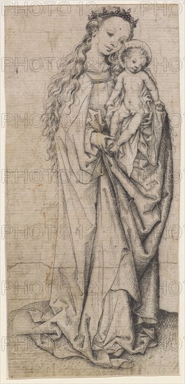 Standing Mary with the child, drypoint, sheet: 15.4 x 7.2 cm, Meister des Hausbuchs, tätig um 1460–1490 im mittelrheinischen Gebiet