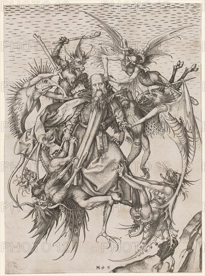 Saint Anthony, tormented by demons, copperplate engraving, sheet: 31.3 x 22.9 cm, signed monogram: MS, Martin Schongauer, Colmar um 1445–1491 Colmar