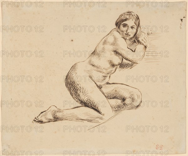 Female Nude, Feather in Brown, Leaf: 20.7 x 25 cm, Not referenced, Eugène Delacroix, Charenton-Saint-Maurice/Val-de-Marne 1798–1863 Champrosay bei Paris
