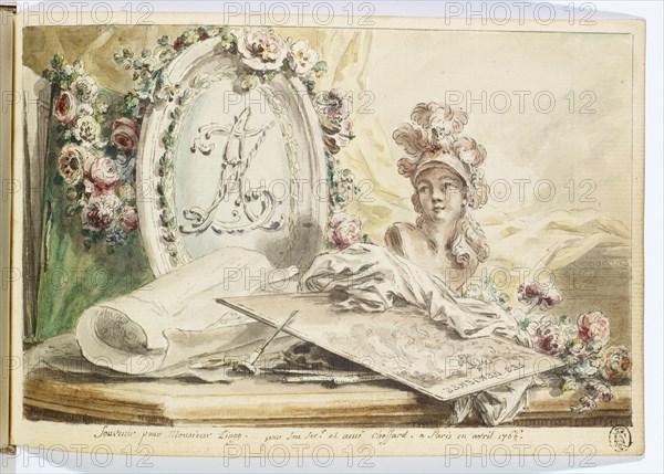 Entry in the genealogy of Adrian Zingg: flower-crowned monogram by Adrian Zingg, in front Minerva bust, worked copper plate and engraving tool, 1766, feather (gray), washed and watercolored, Book: 12.4 x 19.5 x 2.7 cm |, Sheet: 11.9 x 18 cm, Dedicated to feather (brown) below: Souvenir pour Monsieur Zingg., par son Serv.r et ami Choffard., a Paris in avril 1766, Pierre-Philippe Choffard, Paris 1730–1809 Paris