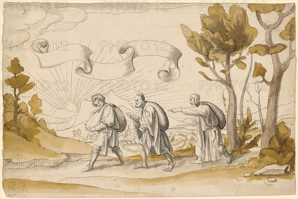 Three sacks laden with sacks in a landscape, 1548 (?), Feather in black, gray washed, brown and yellow-brown watercolored, folio: 21.9 x 32.8 cm, unmarked, Hans Holbein d. J., (Nachfolger / follower), Augsburg um 1497/98–1543 London, Maximillian Wischack, (?), nachweisbar 1534–um 1552/1556