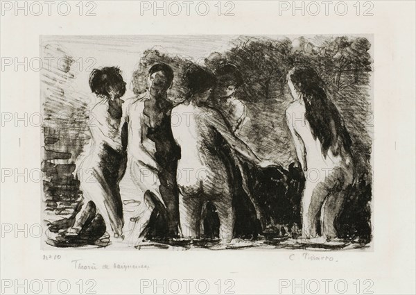 Théorie de Baigneuses, (1897), brush lithograph on Chinese paper, mounted on backing paper, first and only condition, folio, image: 12.9 x 20.1 cm, L. inscribed with pencil in pencil: no 10, below to the right: theory [sic] of Baigneuses, r., signed: C. Pissarro., Camille Pissarro, Charlotte Amalie, St.Thomas/Danish Virgin Island 1830–1903 Paris