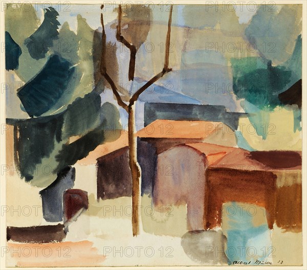 Ticino Houses, 1922, watercolor, leaf: 24.6 x 27.8 cm, R.u., Signed and dated in brown with pen: Albert Müller 22, Albert Müller, Basel 1897–1926 Obino/Tessin