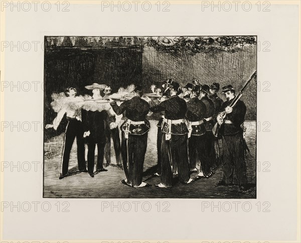 L'Exécution de Maximilien, 1867/68, chalk lithograph, cut out and mounted on carrier sheet, missing parts of the border line supplemented with (lithographic?) Chalk, not conditionable, because the leaf is cut out, leaf: largest mass: 33.2 x 43.6 cm, |, Image: 33.4 x 43.6 cm, in the stone u.l., signed: Manet, Edouard Manet, Paris 1832–1883 Paris