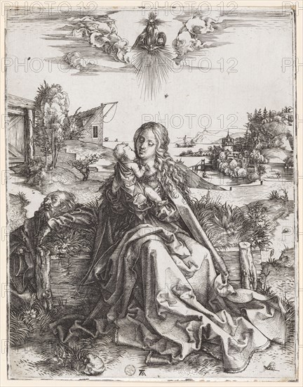 The Holy Family with the Dragonfly, 1495, copperplate engraving, condition a-b, page: 24.3 x 19.1 cm |, Plate: 23.7 x 18.6 cm, U. Monogrammed: AD, Albrecht Dürer, Nürnberg 1471–1528 Nürnberg