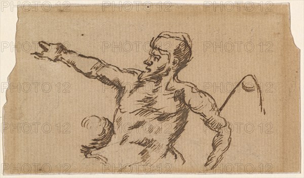 Soldier at a bathing place, after a copperplate engraving by Marcantionio Raimondi (1510) with three figures from Michelangelo's box of the Battle of Cascina, around 1864/68, feather (brown) on handmade paper, sheet: 6.1 x 10.6 cm (largest mass), Paul Cézanne, Aix-en-Provence 1839–1906 Aix-en-Provence