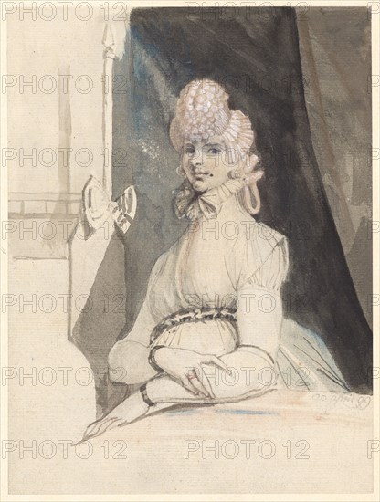Mrs. Fuseli, at a table in front of a niche with a drapery, 1799, pencil and brush in gray, washed and pink and light blue watercolored, mounted, sheet: 23.2 x 17.5 cm, U. r., dated in pencil with the table: 20 april 99, Johann Heinrich Füssli, Zürich 1741–1825 Putney Hill b. London
