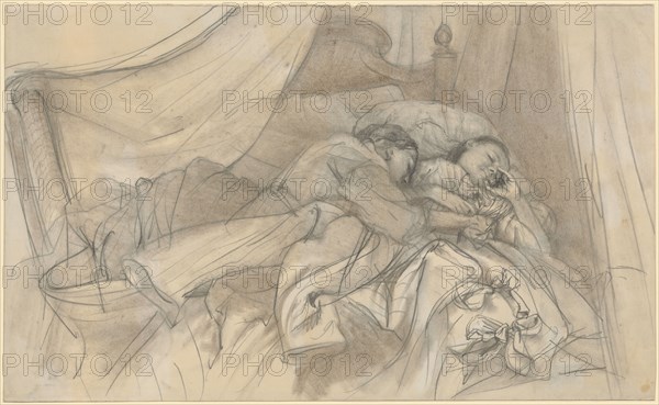 Young sleeping couple on a four-poster bed, pencil, light brown brush, Sheet: 21.4 x 35.1 cm, Unmarked, Adolph von Menzel, (?), Breslau 1813–1905 Berlin