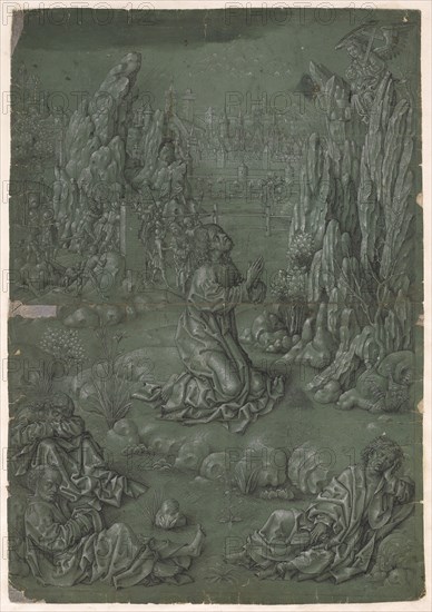 Christ on the Mount of Olives, c. 1500, pen in black, heightened with a brush white on green primed paper, later overpainting on the upper margin (which conceals a script?), Whole leaf old raised, folio: 44.8 x 31.1 cm, unmarked, Anonym, Niederlande, um 1500, Anonym, Niederrhein, um 1500, (alternative Zuschreibung / alternative attribution)